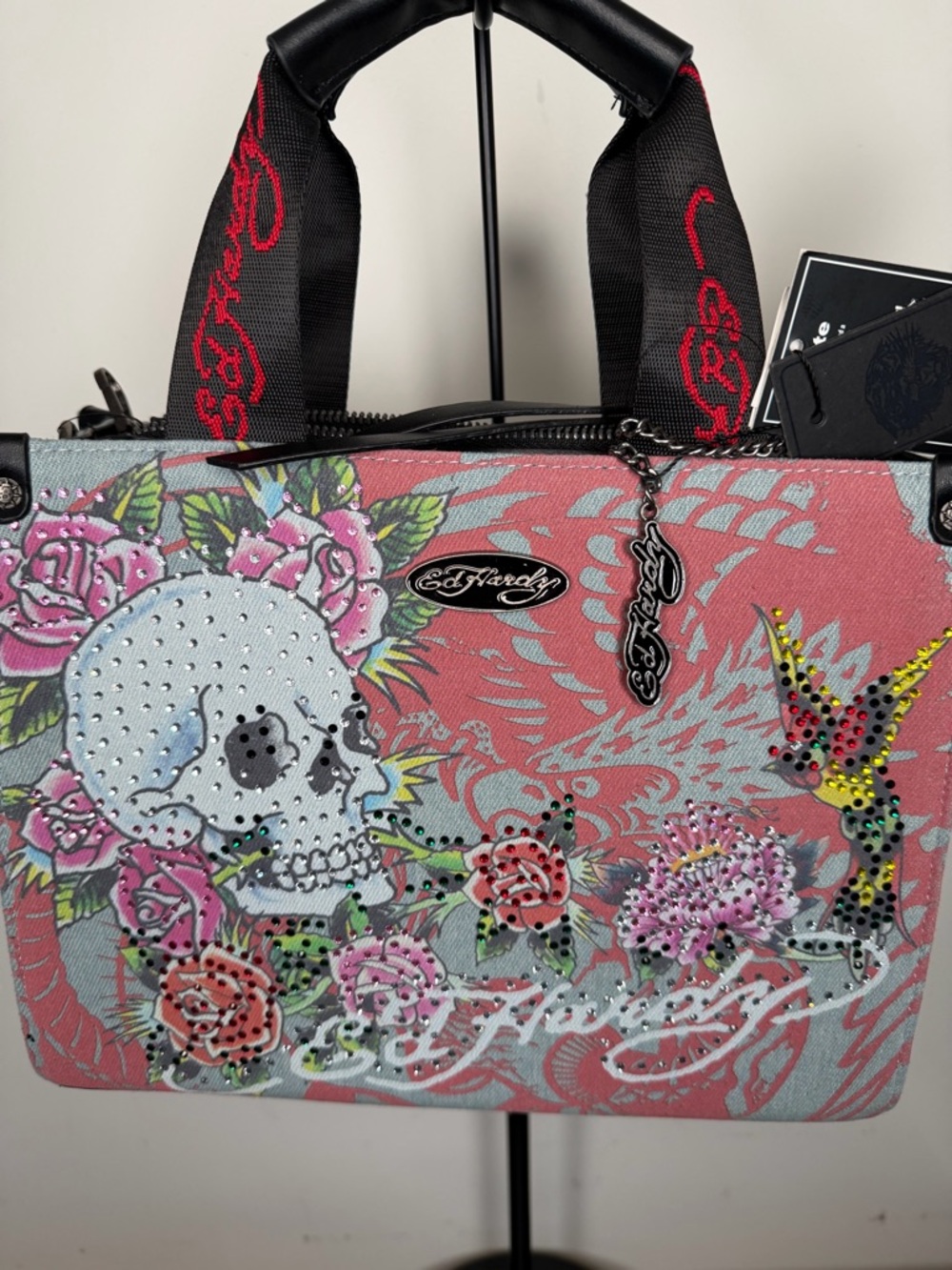 Ed Hardy Denim w/Skull, Humming Bird & Floral Satchel colorful Embellishments